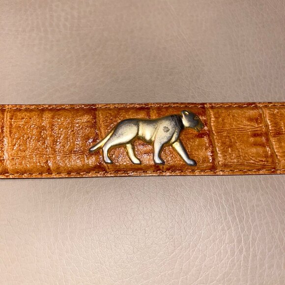 Leather Belt Tan Camel Brown 34 Small Vintage Animal Elephant Lion Metal Accent - Picture 4 of 13